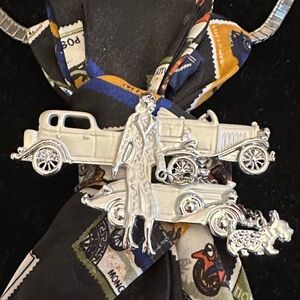 Vintage Stamp Print Necktie with Silver Brooch